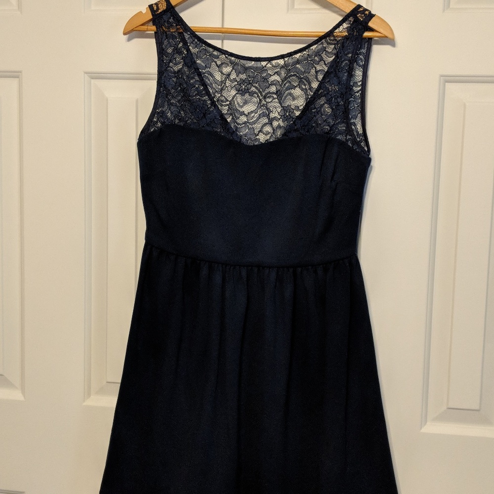 Aqua Navy Blue Dress with Lace Illusion Neckline